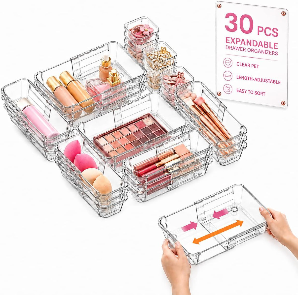 30 PCS Adjustable Expandable Clear Plastic Drawer Organizers