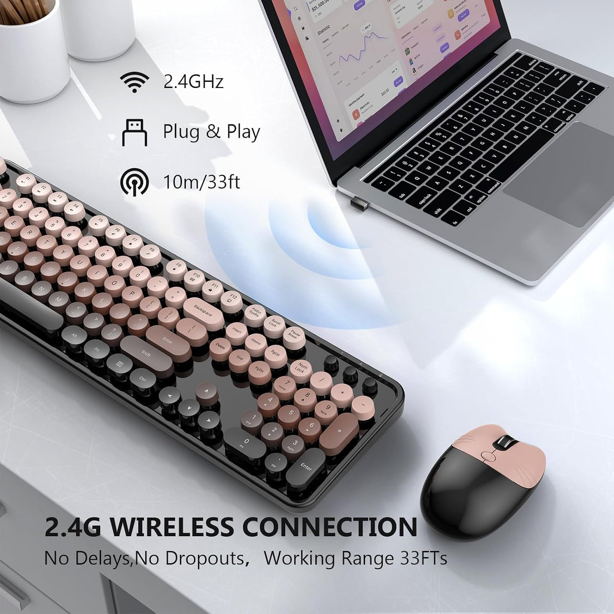 MOFII Wireless Keyboard and Mouse Combo, 2.4 GHz Full-Size Retro Round Keyboa...