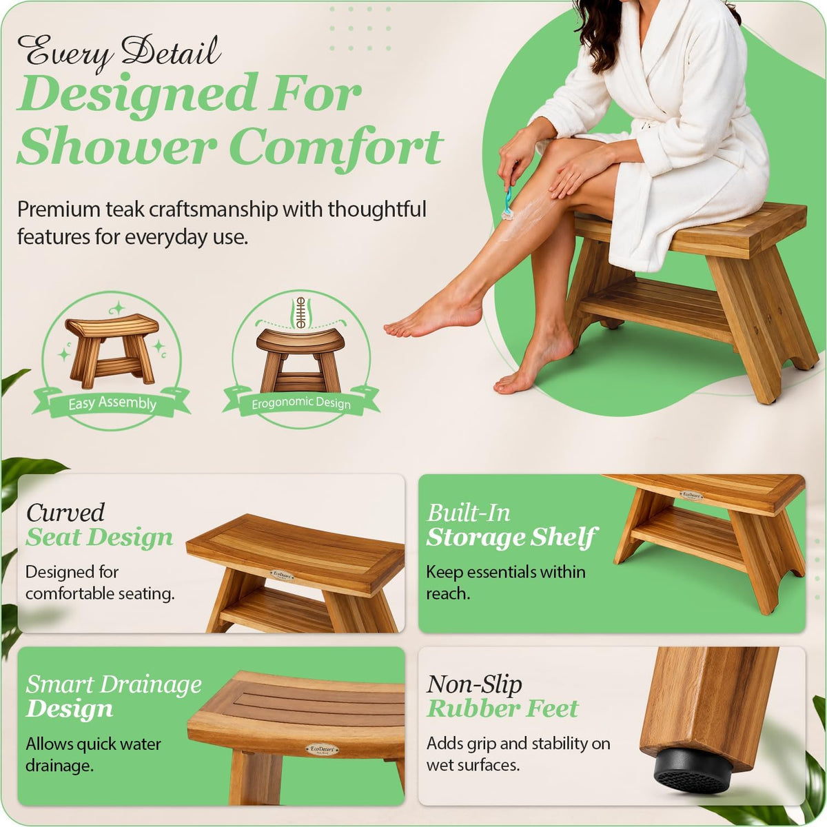 EcoDecors Serenity 30-Inch Teak Shower Bench with Shelf, 300 lb