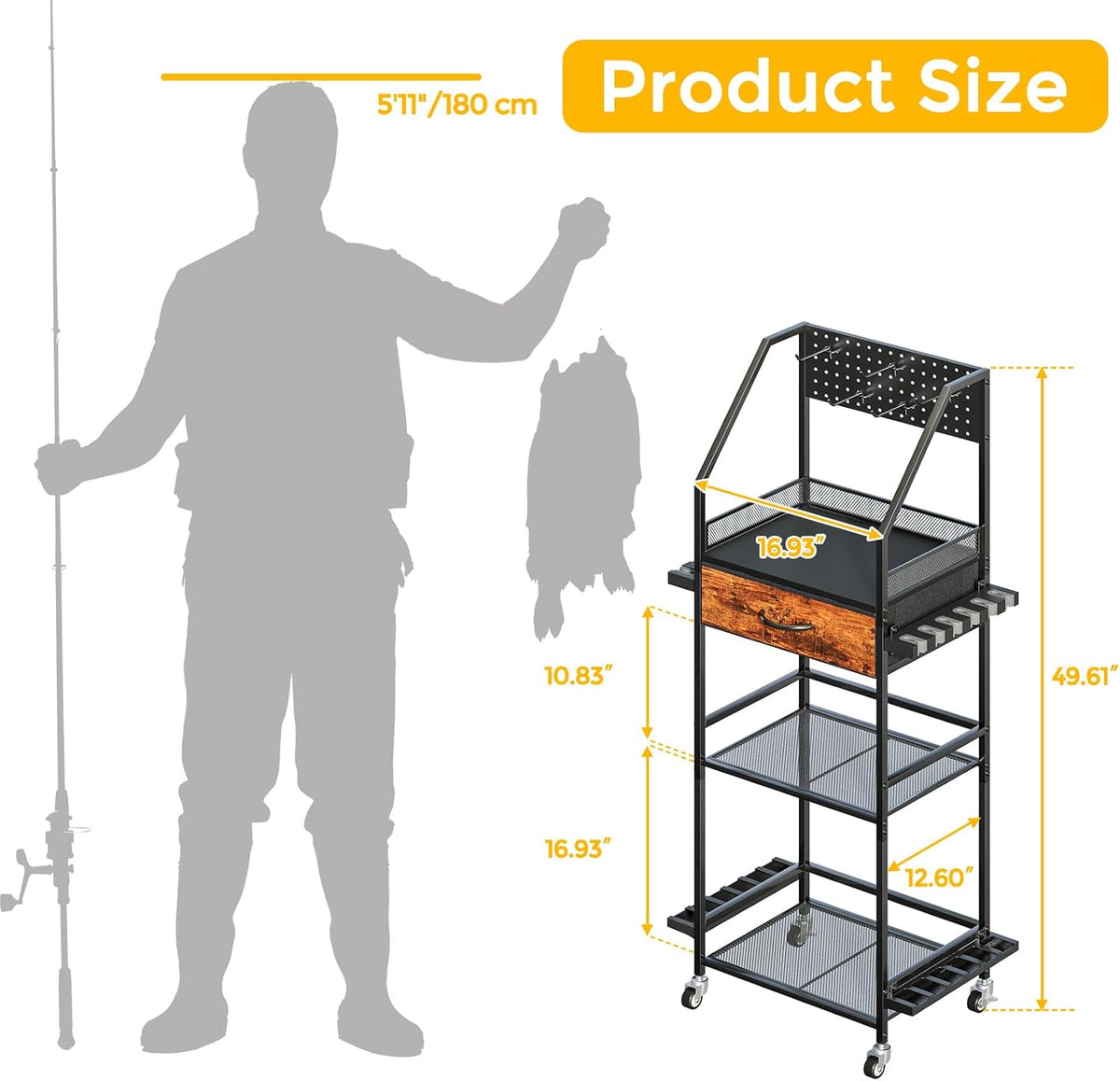 Fishing Rod Holder Organizer with Fabric Drawer & Pegboard