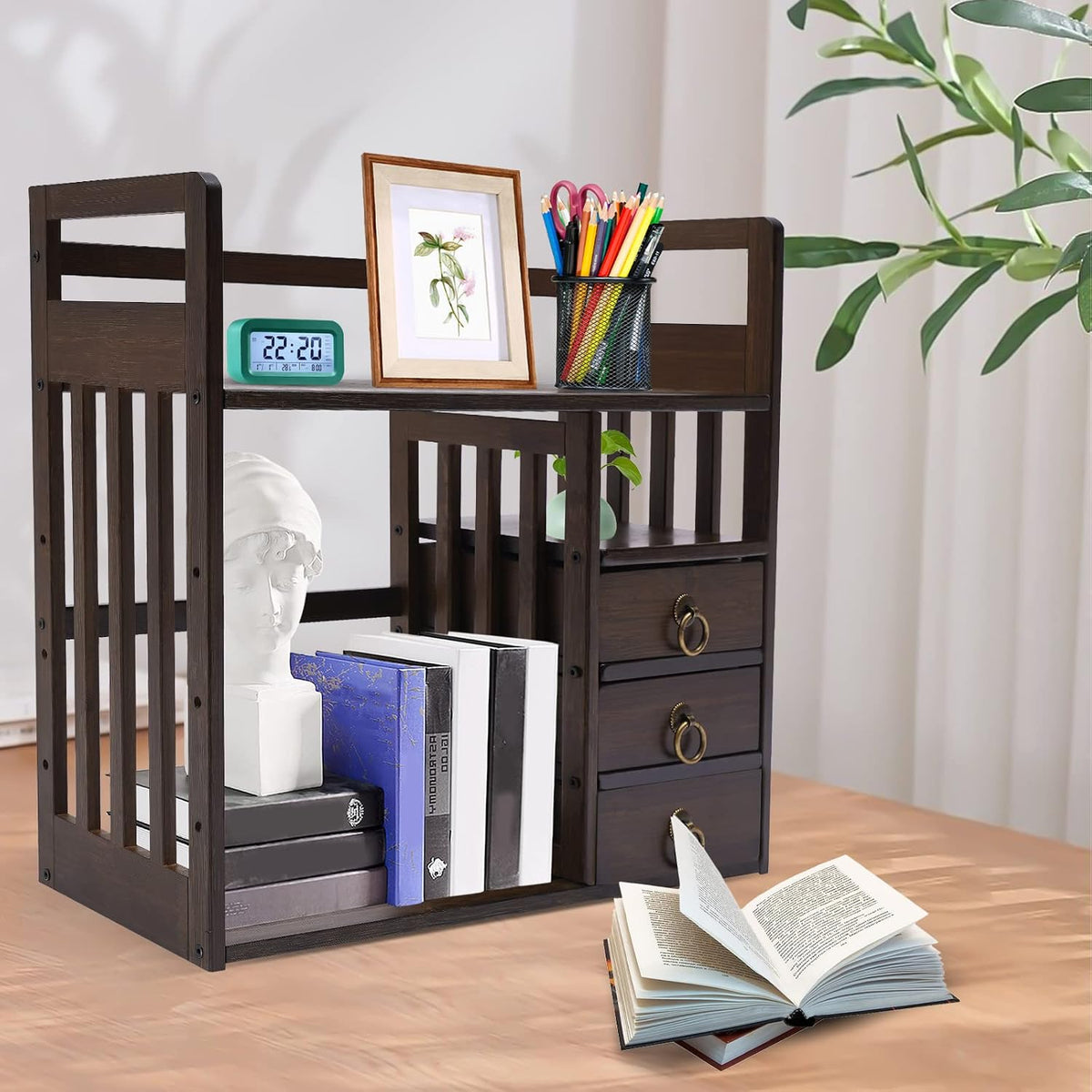 Bamboo Desk Book Shelf,Desktop Bookshelf Storage Rack Tabletop Standing Organ...