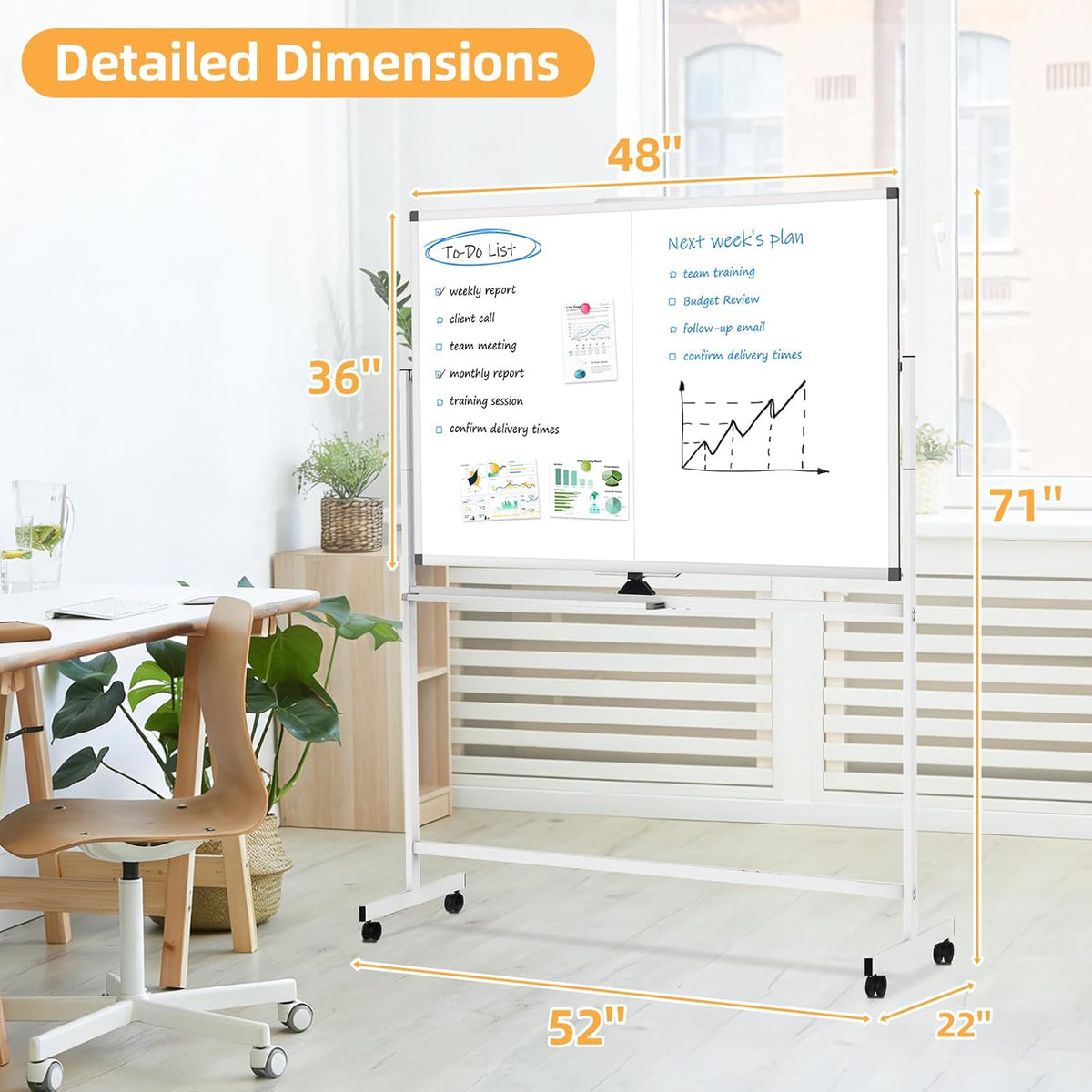 Rolling Dry Erase Whiteboard with Stand, 48" x 36" White Board on W...