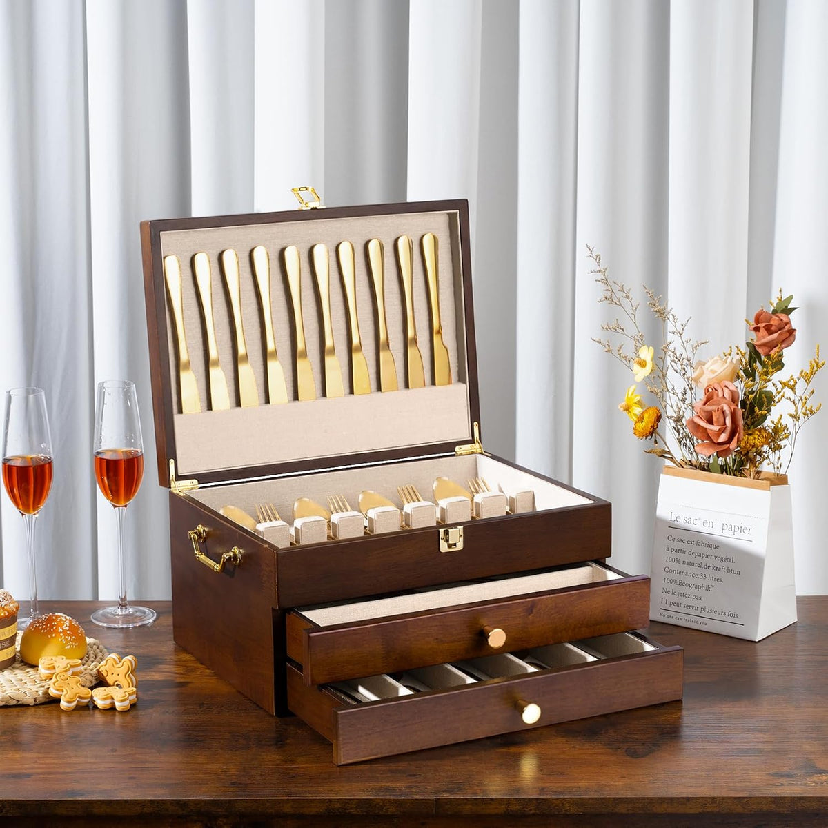 Silverware Storage Box, 3-Layer Flatware Storage Case with Drawer, Wooden Sil...