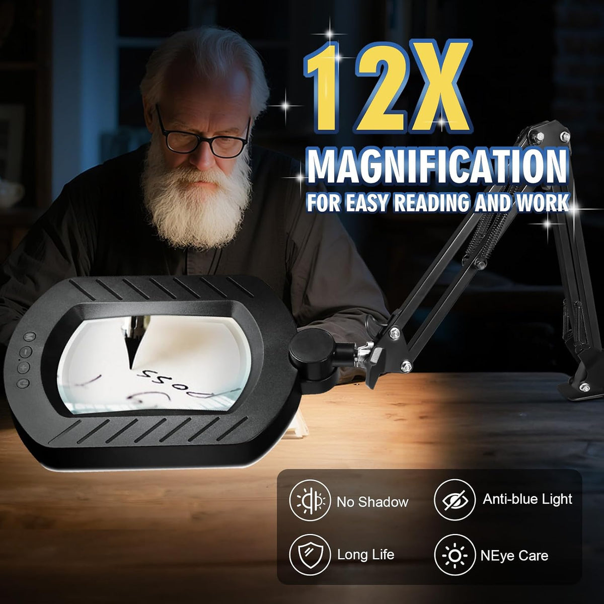 12X Magnifying Glass with Light and Stand, 144 LED Lighted Magnifying Light
