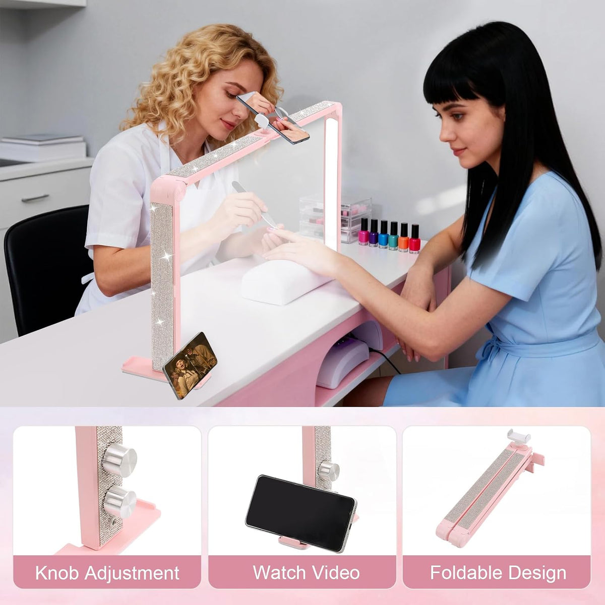 Nail Tech Lamp for Desk, 34 in Large Half Moon Light with Phone Holder, 48W B...