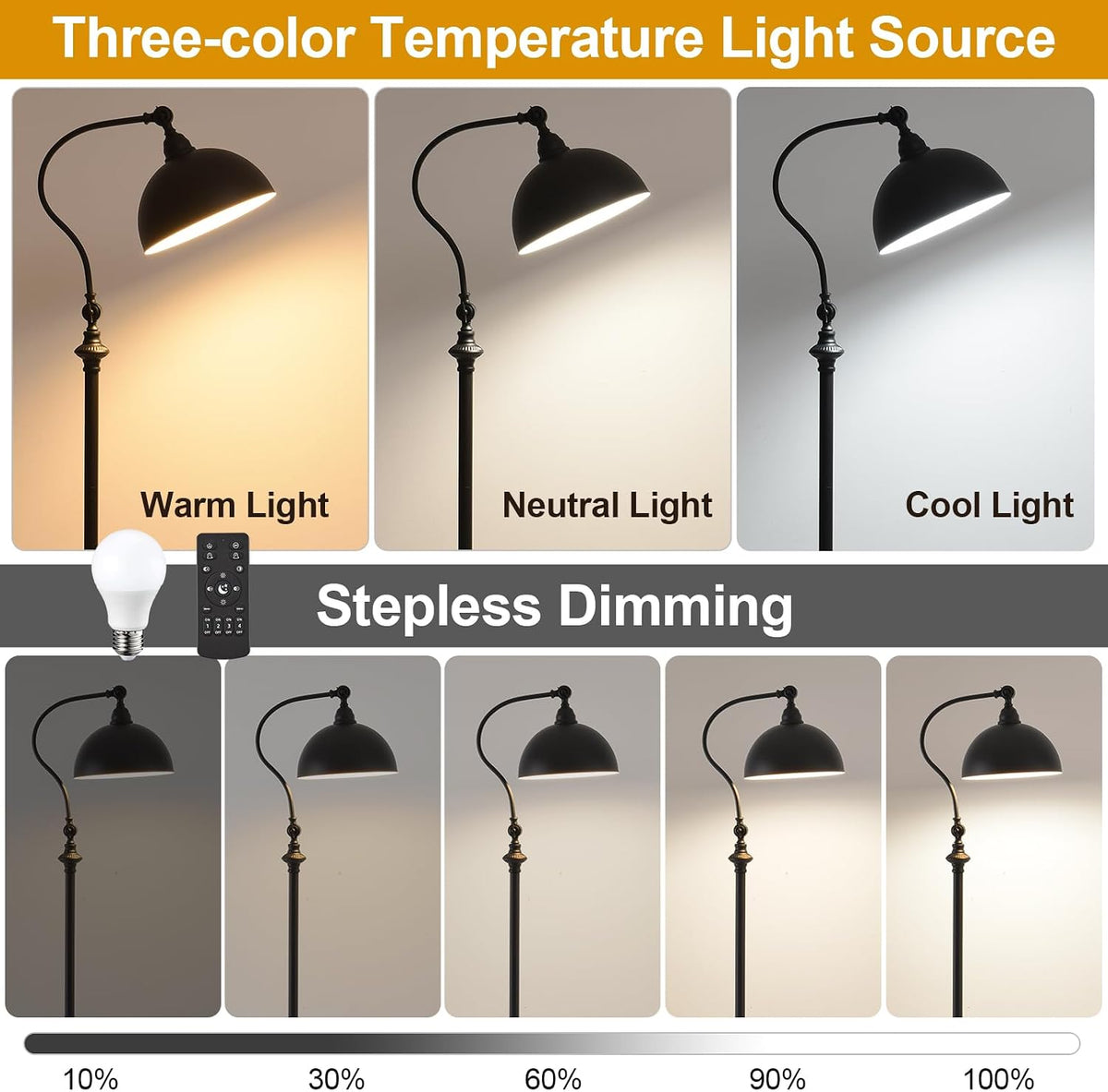 Reading Floor Lamps for Living Room with Remote and Dimmable Bulb