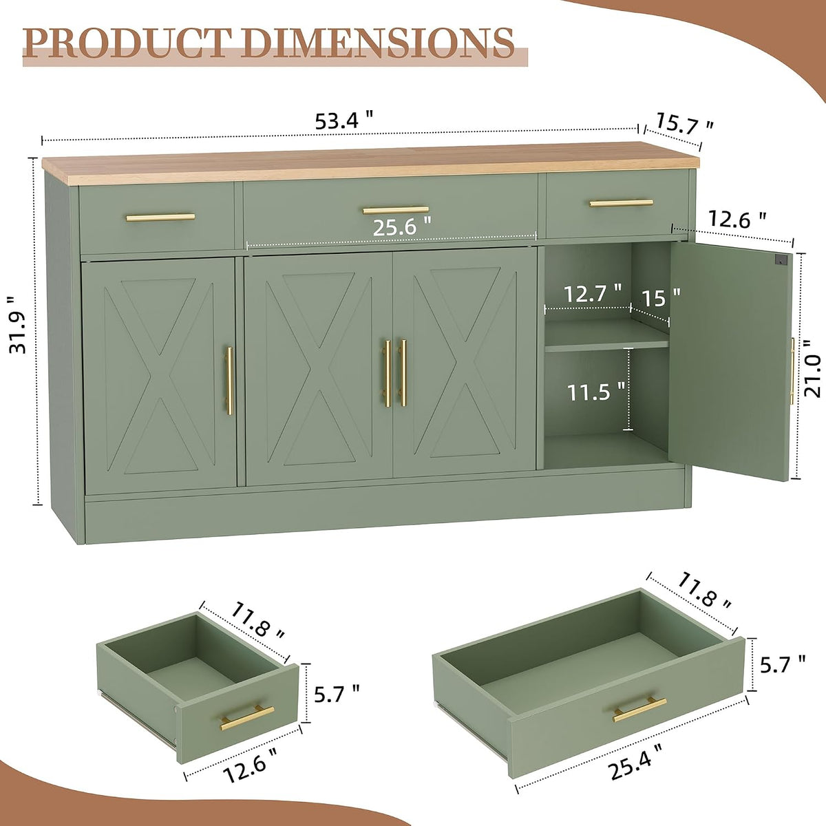 Shintenchi 53.4" Buffet Cabinet, Kitchen Storage Sideboard, Green