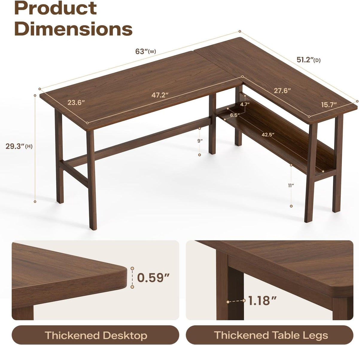 NELYE 63" Reversible L Shaped Desk with Shelf for Home Office, Walnut