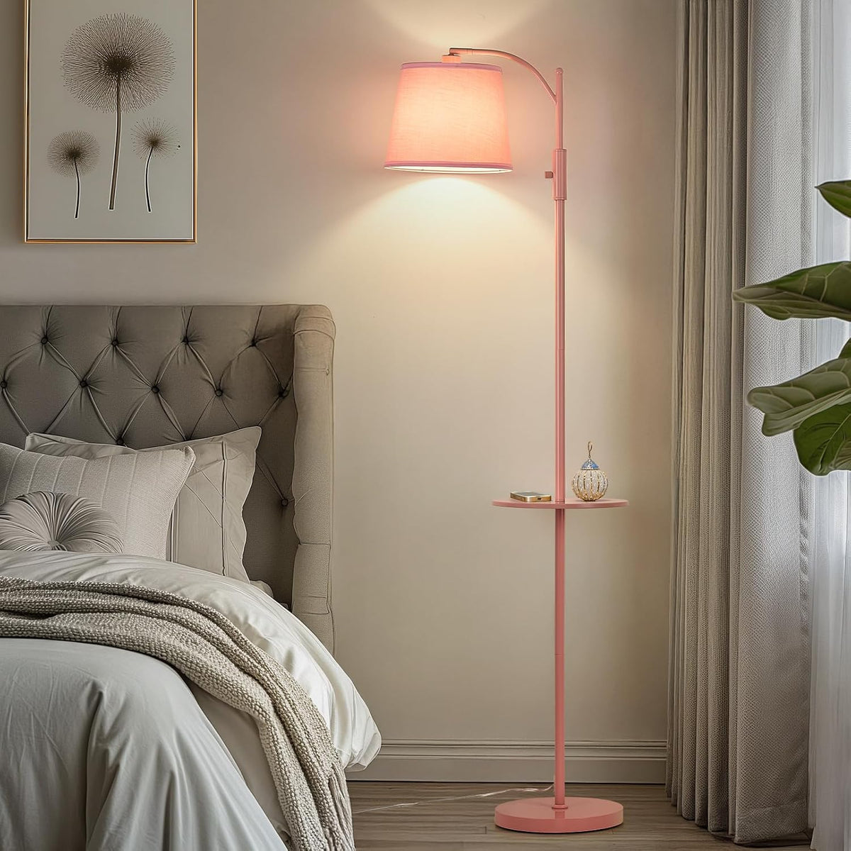 AIDENOEY Pink Floor Lamp with Table, Dimmable Standing Lamp, Living Room