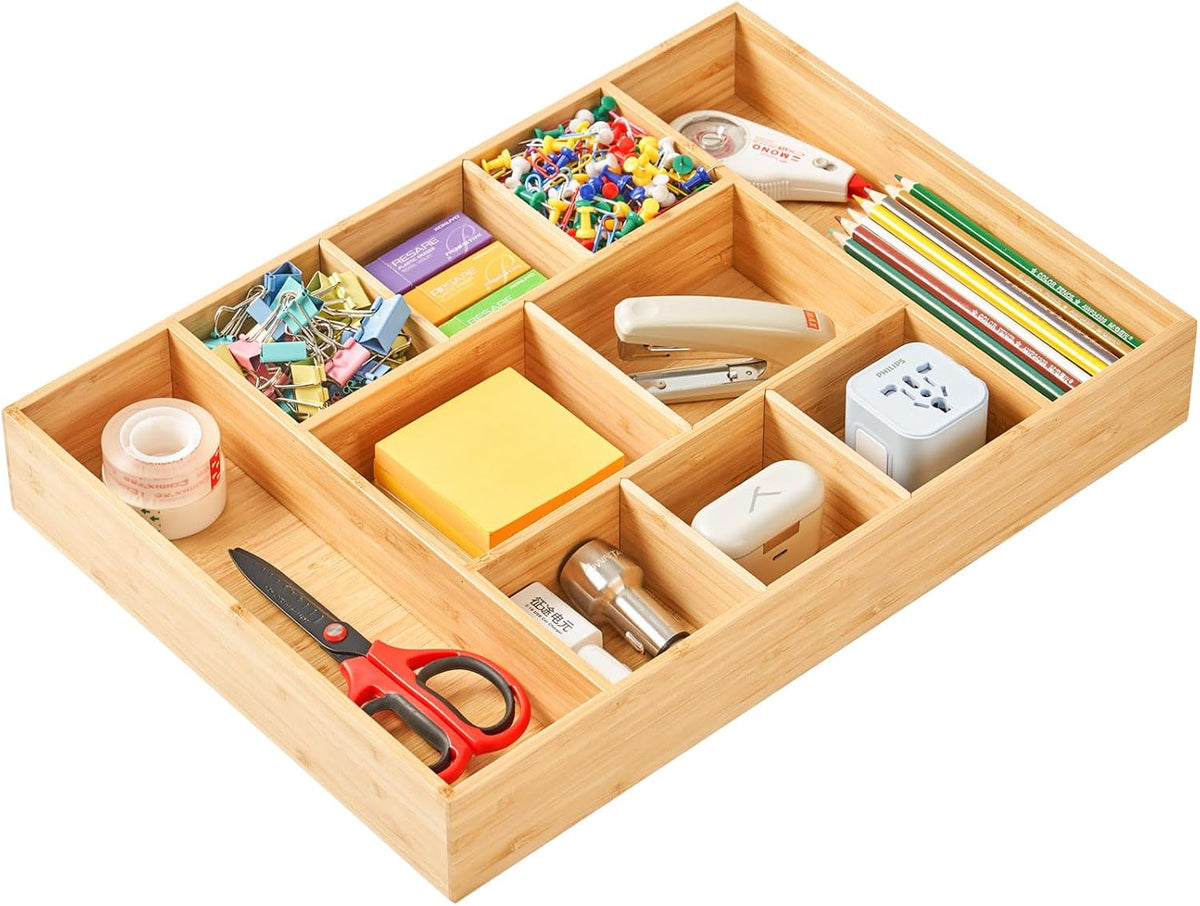 Umilife Extra Large Bamboo Desk Drawer Organizer, Wood Junk Organizer Tray wi...