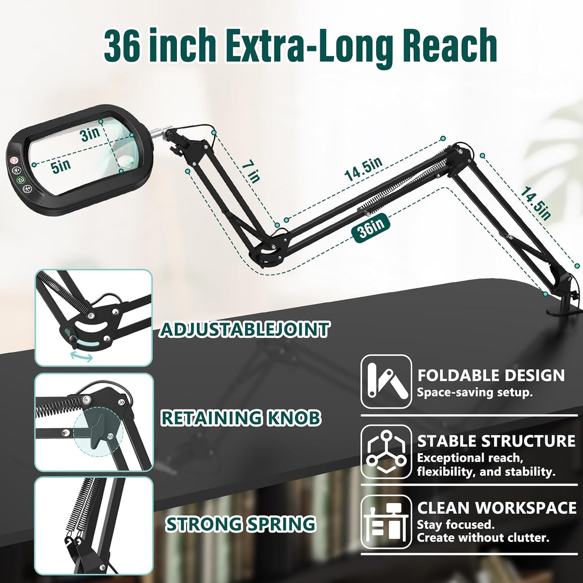 30X 12X Square Magnifying Glass with Light and Clamp, 36'' Ultra Long...