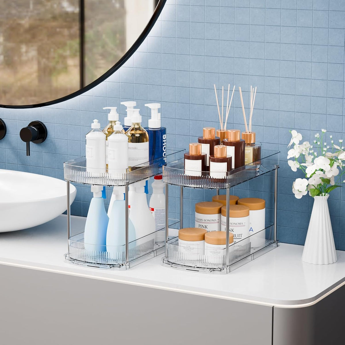 4 Pack Large Pull Out Bathroom Organizers and Storage,2 Tier 12.8″ Tall Slidi...