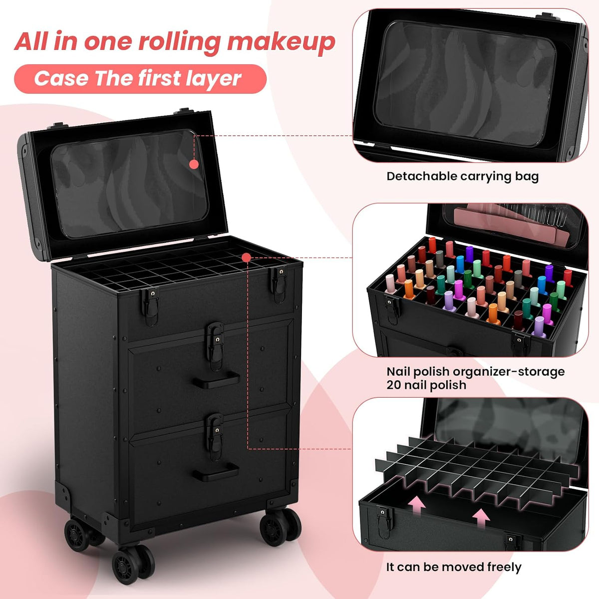 3 in 1 Rolling Makeup Train Cosmetology Case on Wheel, Medium