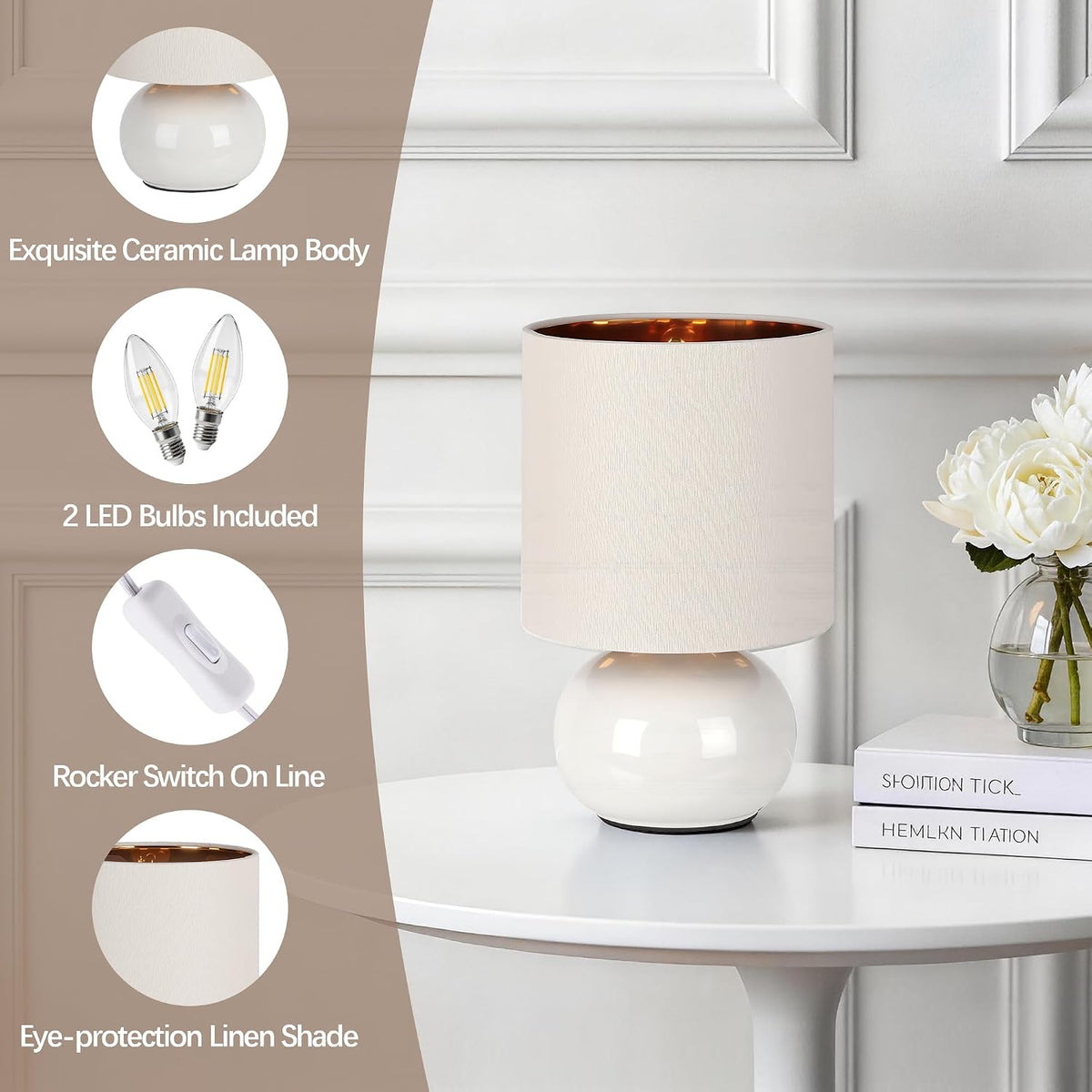 Hamucd Ceramic Table Lamps Set of 2, Modern Classic Bedside Lamps for Nightst...