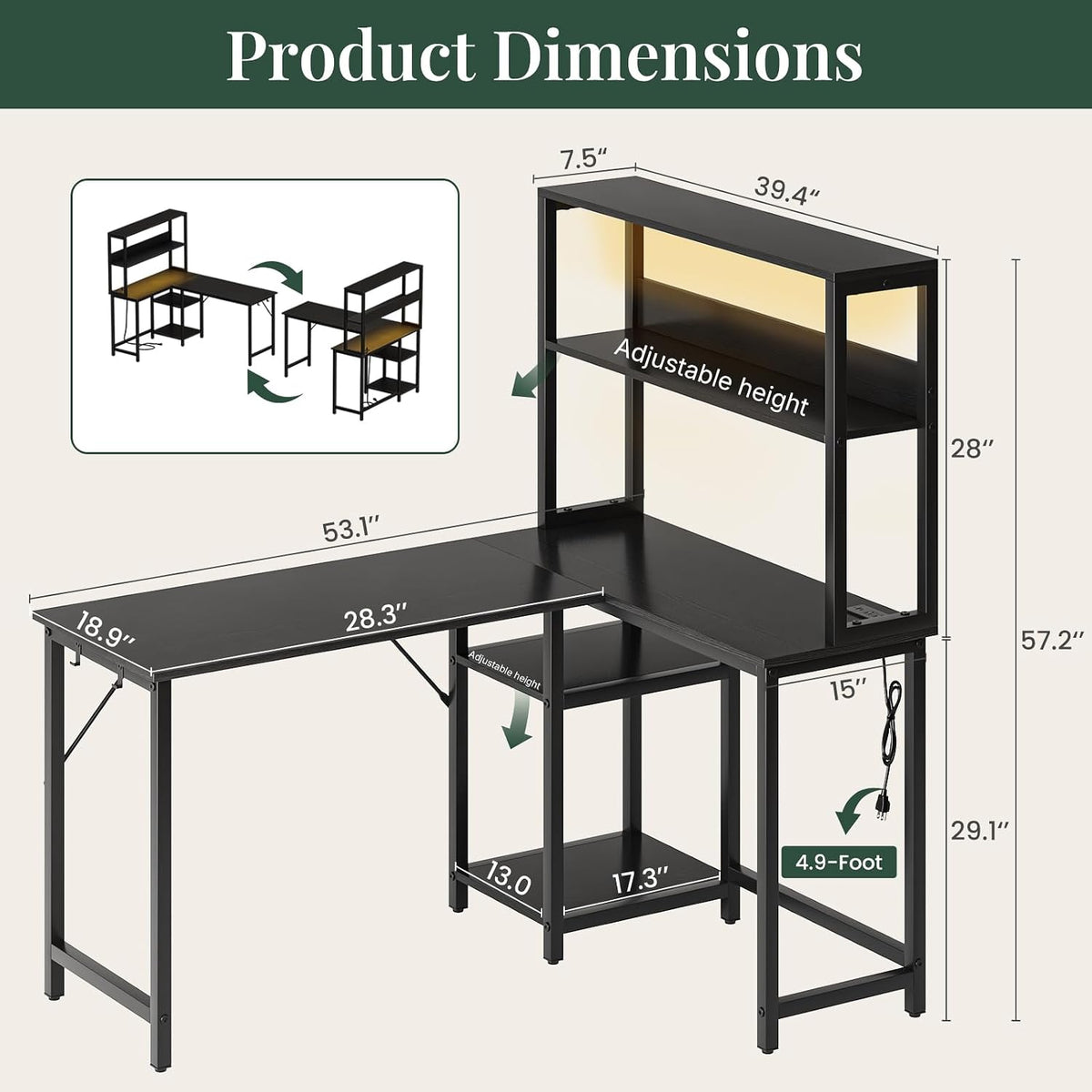 53" L Shaped Gaming Desk Reversible Corner Desk for Home Office