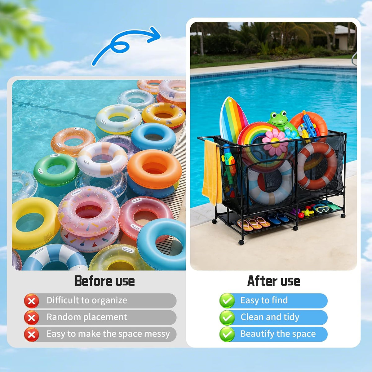 pool float organizer,Bottom Table, Zipper Doors & Rolling Wheels, Portabl...