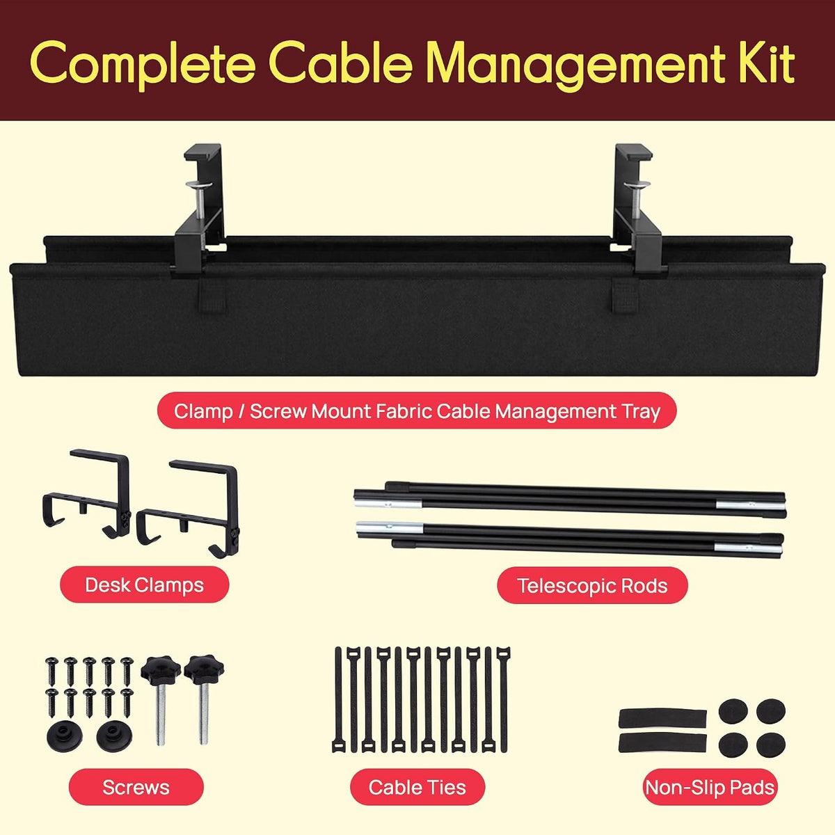 Pyle 36" Under Desk Cable Management Tray, Under Desk Wire Organizer wit...