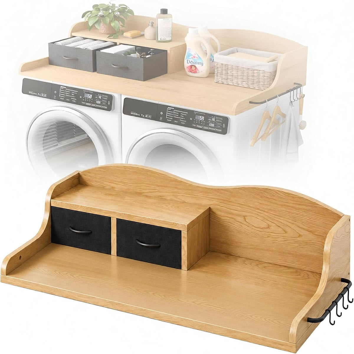 2-Tier Washer Dryer Countertop, Laundry Room Organizer with Drawers & Sid...
