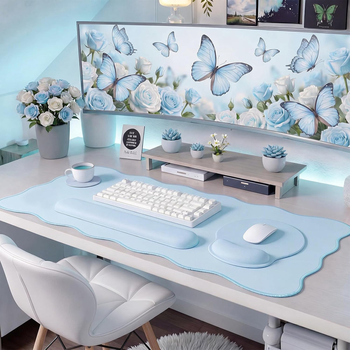 Sabary Scalloped Desk Mat Keyboard Mouse Pad Set Blue 35.5 x 15.7 Inch