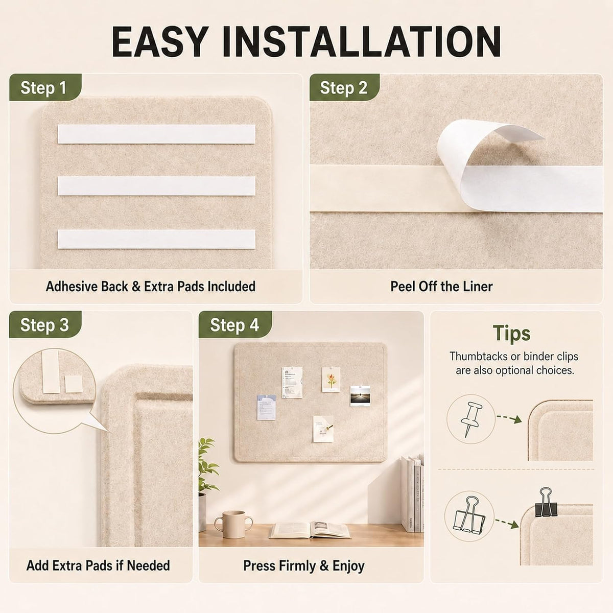 Beige Large Felt Bulletin Board for Wall 48 x 36 Inch Frameless