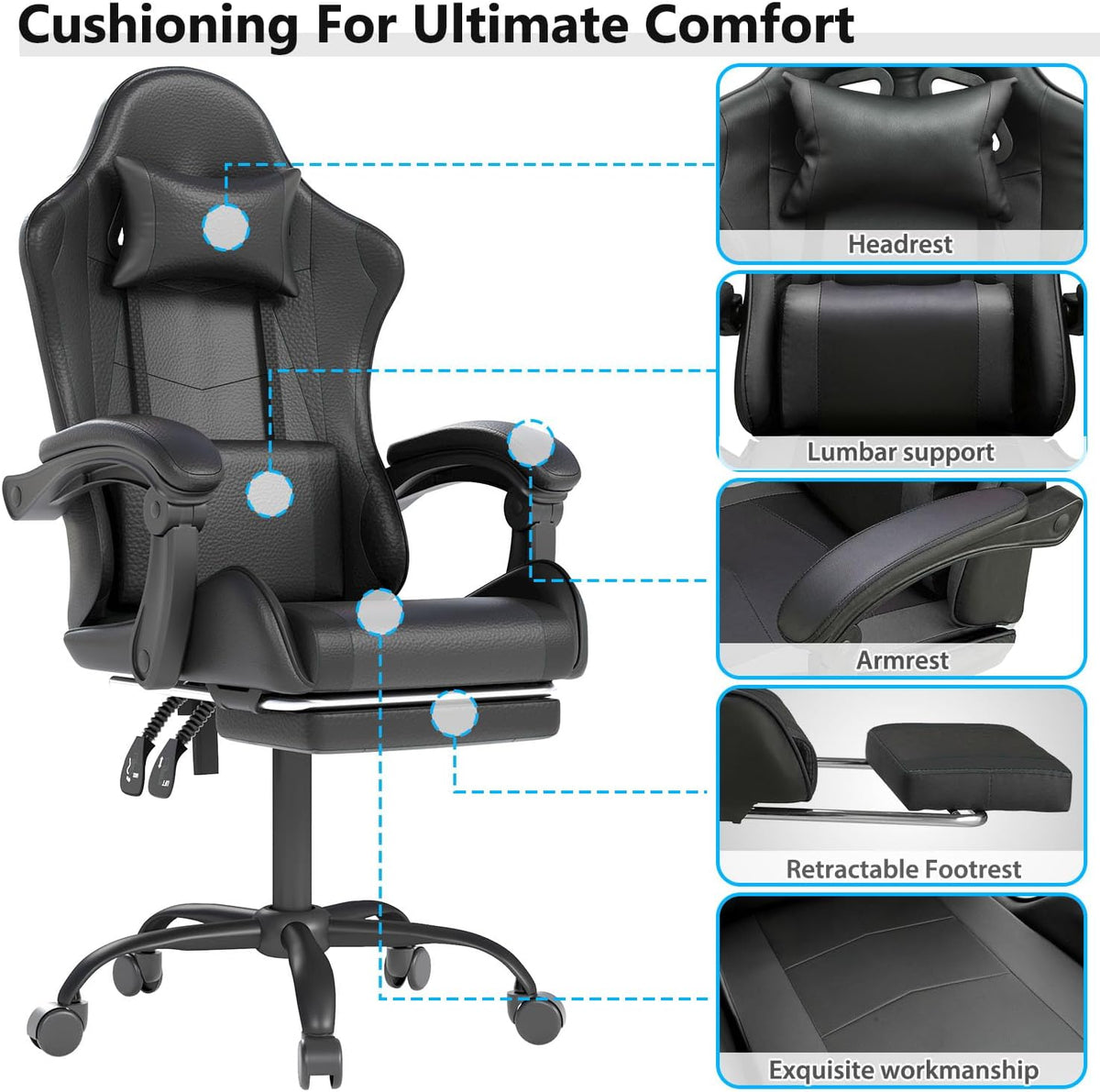 OS MOTOR Gaming Chair with Headrest and Footrest for Home Office, Black