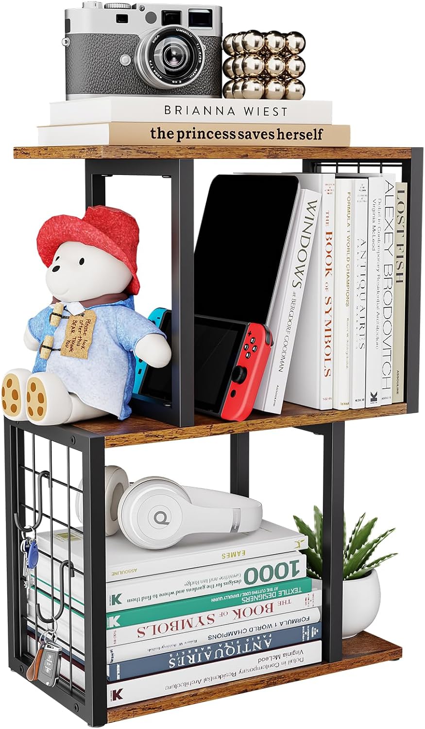 Desktop Bookshelf,3-Tier Desk Organizer Shelf with Hooks Desk Organization De...