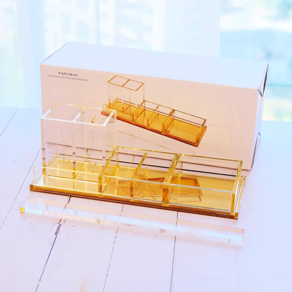 Acrylic Desk Organizer 4-Piece Desk Kit + Free Complimentary Acrylic Ruler, D...