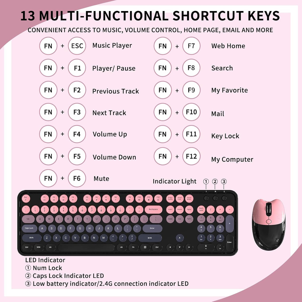 Wireless Keyboard and Mouse, MOFII 104 Round Keycaps Retro Typewriter with OT...