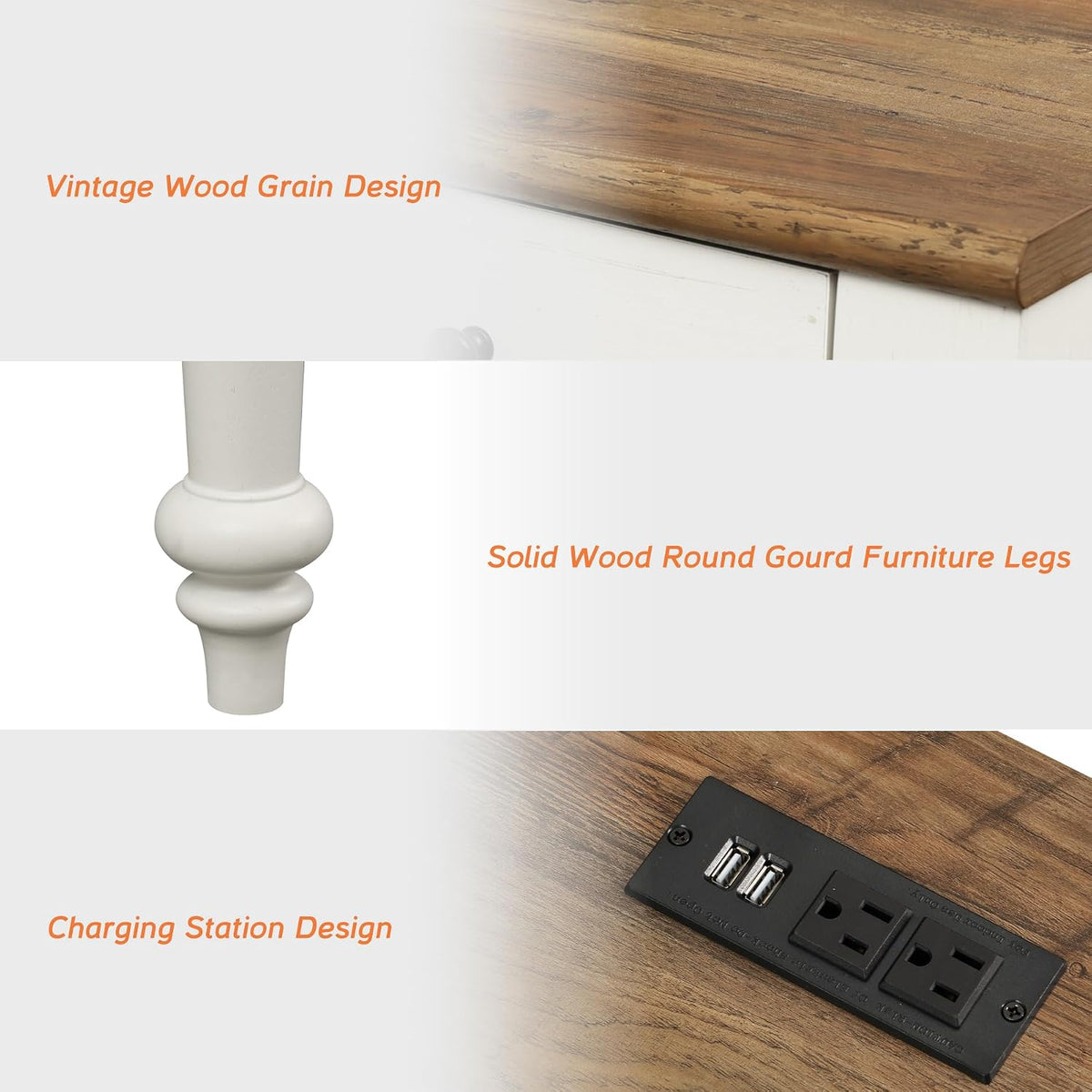 WAMPAT Farmhouse Executive Desk with Charging Station, Off White, 56 Inch