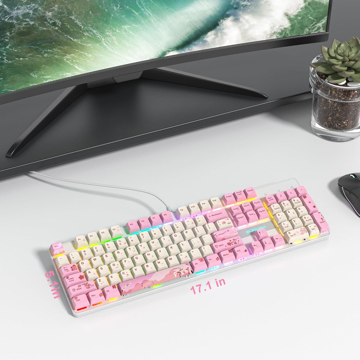Wired Full Size Pink Mechanical Keyboard 104 Keys Creamy Keyboard with Number...