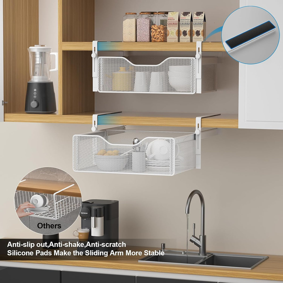 AmonHouseware 2Pack Under Shelf Basket Storage,Adjustable Hanging Arm,White