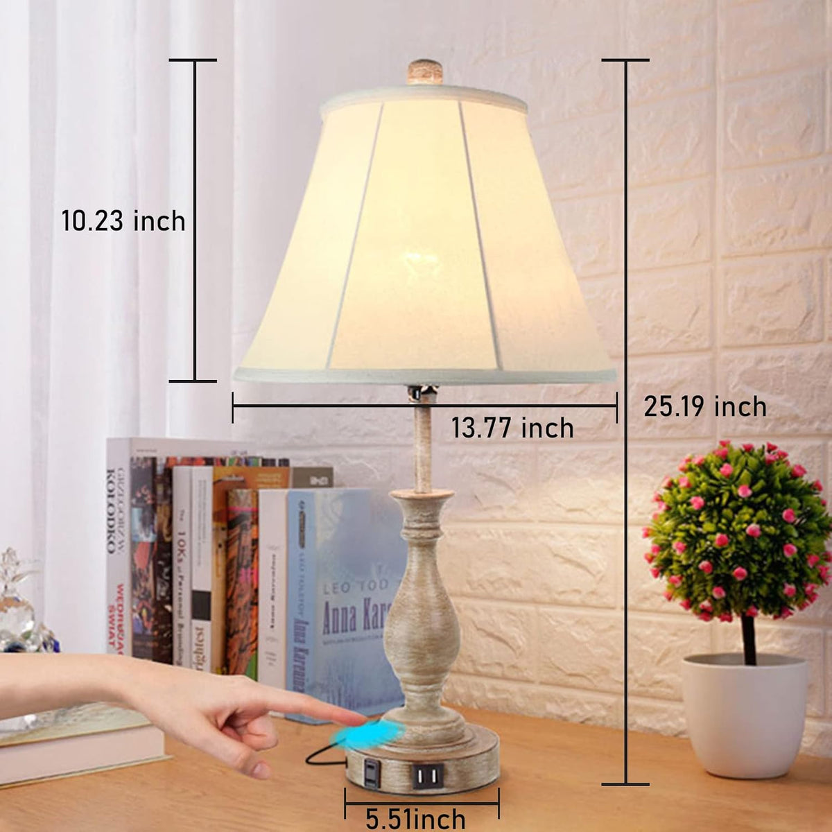 LALISU Farmhouse Table Lamp Touch Control 3-Way Table Lamp with USB Charge