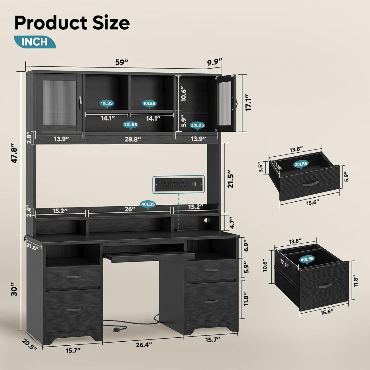 Bestier 77.8" H Computer Desk with Hutch, Charging Station, LED Light,Black