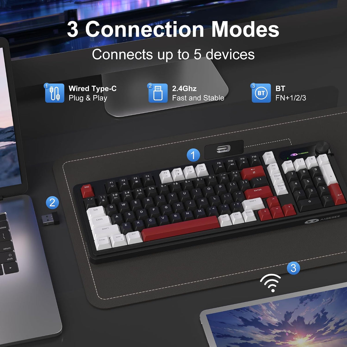 MageGee GK960 Wireless Keyboard, 98 Keys Tri-Mode BT/2.4G/Wired Membrane Gami...