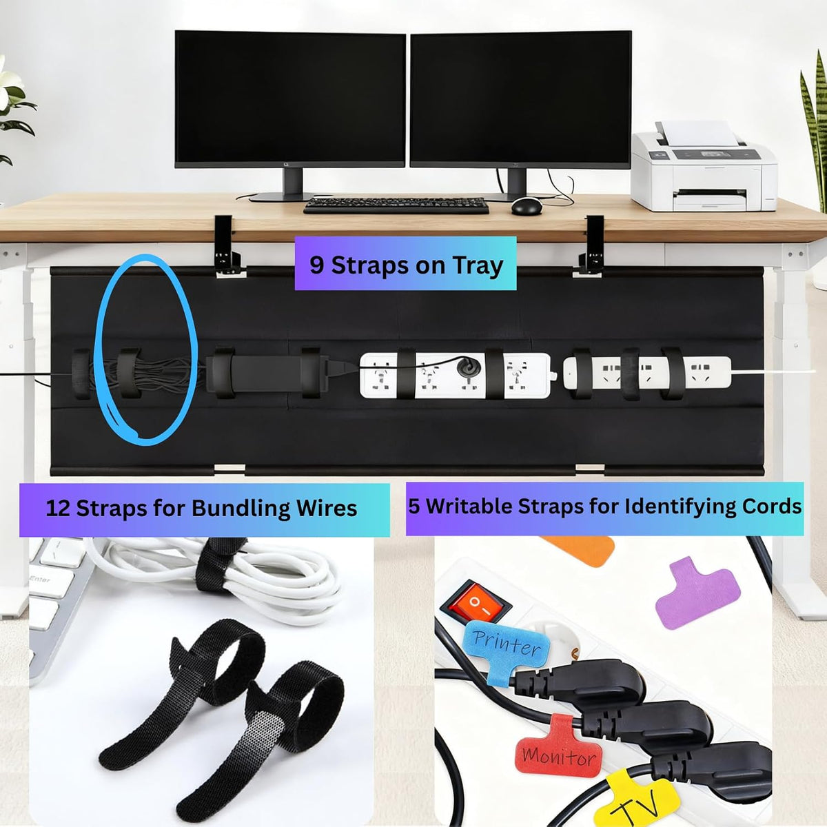 Under Desk Cable Management Tray, 48" Extra Large No Drill Cord Organize...