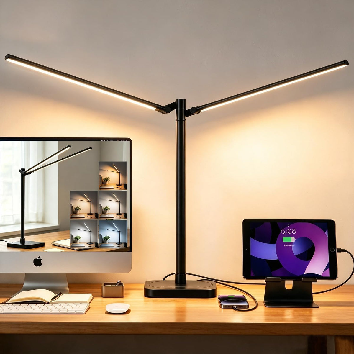 Desk Lamp for Office Home Dual Head 24W Swing Arm Reading Table Lamp Black
