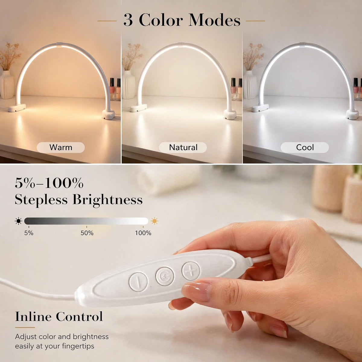 Half Moon Nail Light, 180° No Shadow LED Nail Desk Lamp with Foldable Height ...