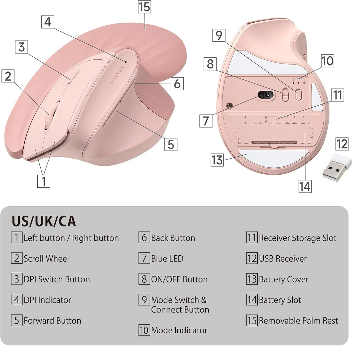 SANWA Wireless Ergonomic Mouse for Large Hands with Wrist Rest, Pink
