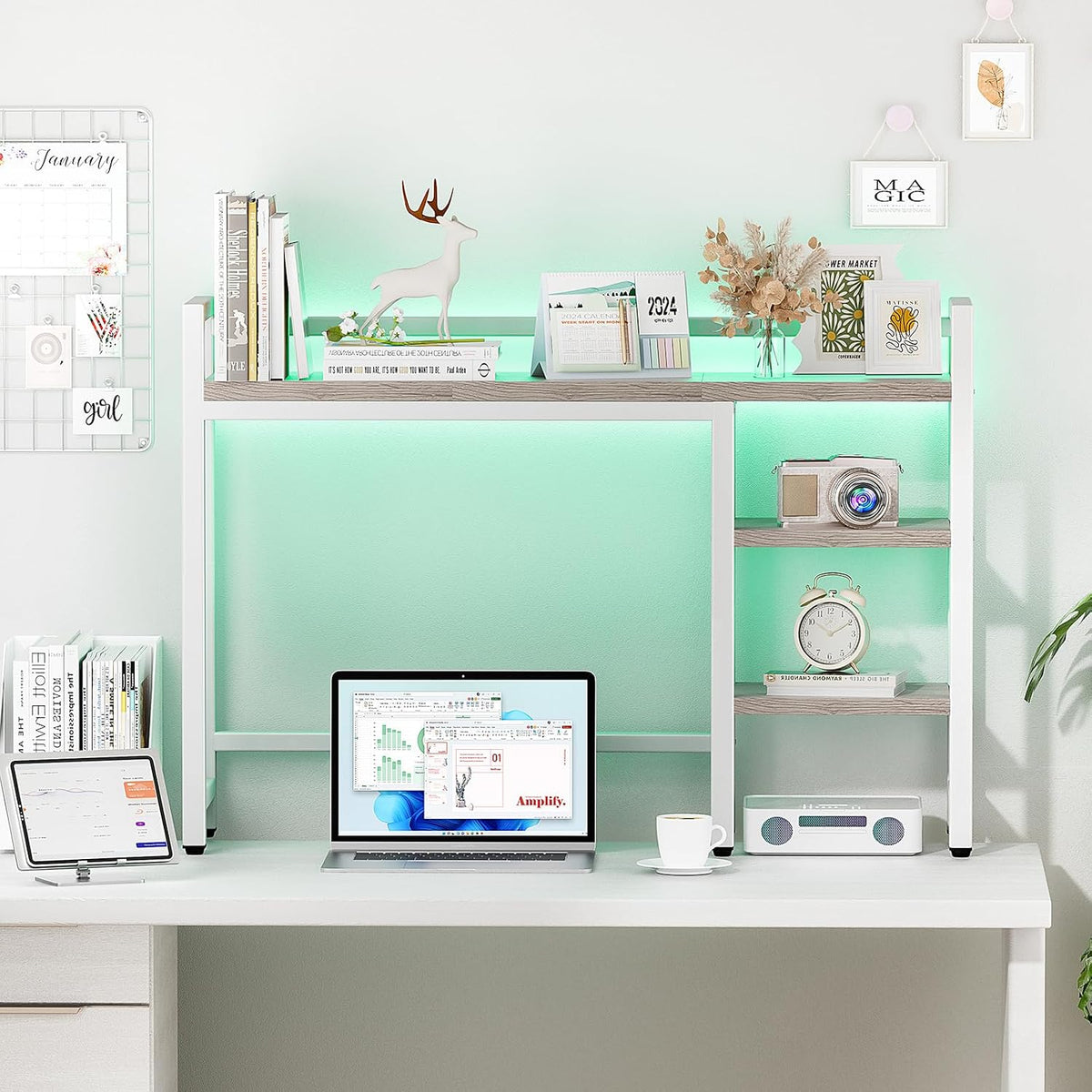 Desk Hutch with Colorful RGB Lights, 4 Tier Desktop Shelf for Max 28" Co...