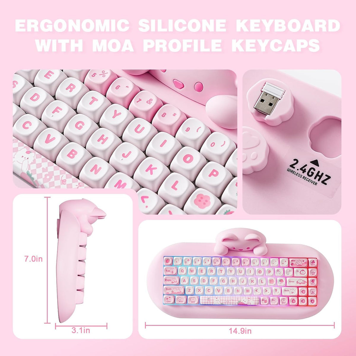 YUNZII C68 Silicone Cute Cat Mechanical Keyboard (Pink, Cocoa Cream Switch)