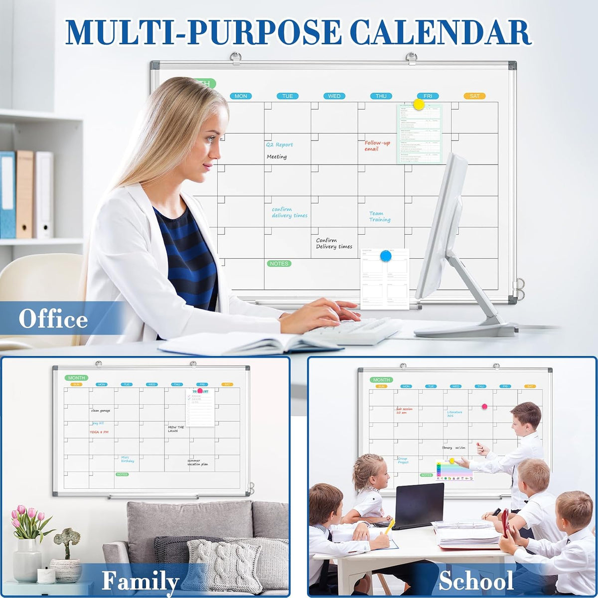 WALGLASS Dry Erase Calendar Whiteboard for Wall, 36" x 24" Silver F...