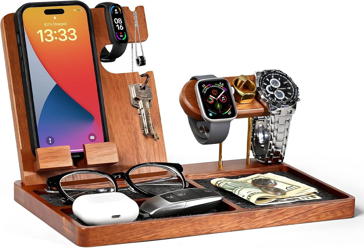Wood Nightstand Organizer for Men, Gift for Dad Husband, EDC Tray