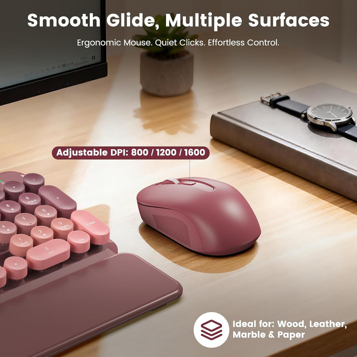 Wireless Keyboard and Mouse Combo, Cute Retro Typewriter Keyboard with Round ...