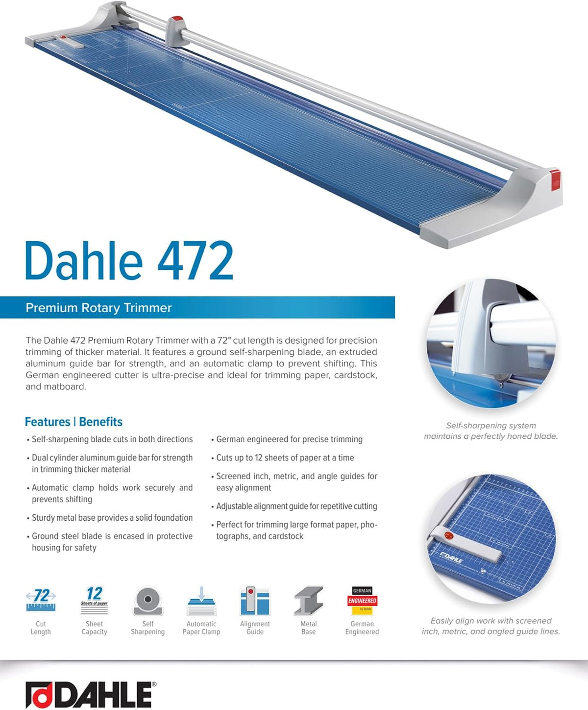 Dahle 472 Premium Rolling Trimmer, 72" Cut Length, 12 Sheet Capacity, Se...