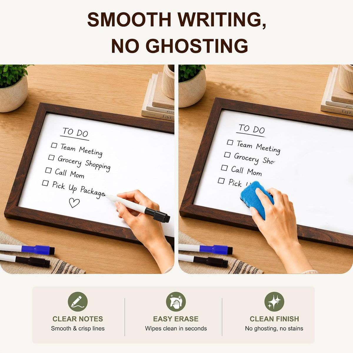 Long White Board, 36" x 12" Magnetic Dry Erase Board, Brown