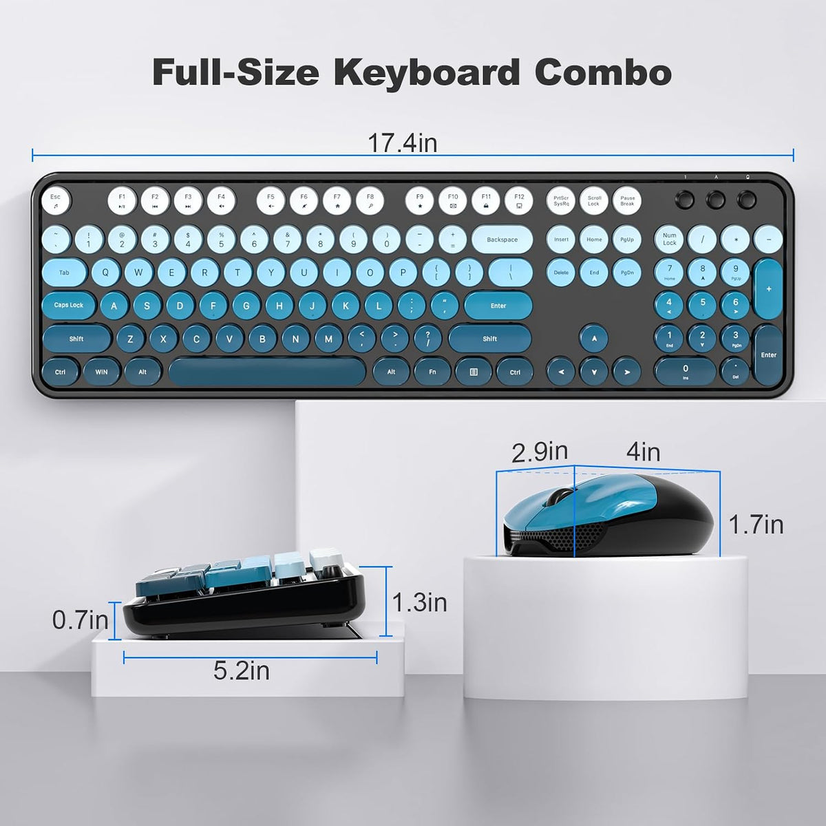 MOWUX Wireless Keyboard and Mouse Combo, Full Size Typewriter Retro Round Com...