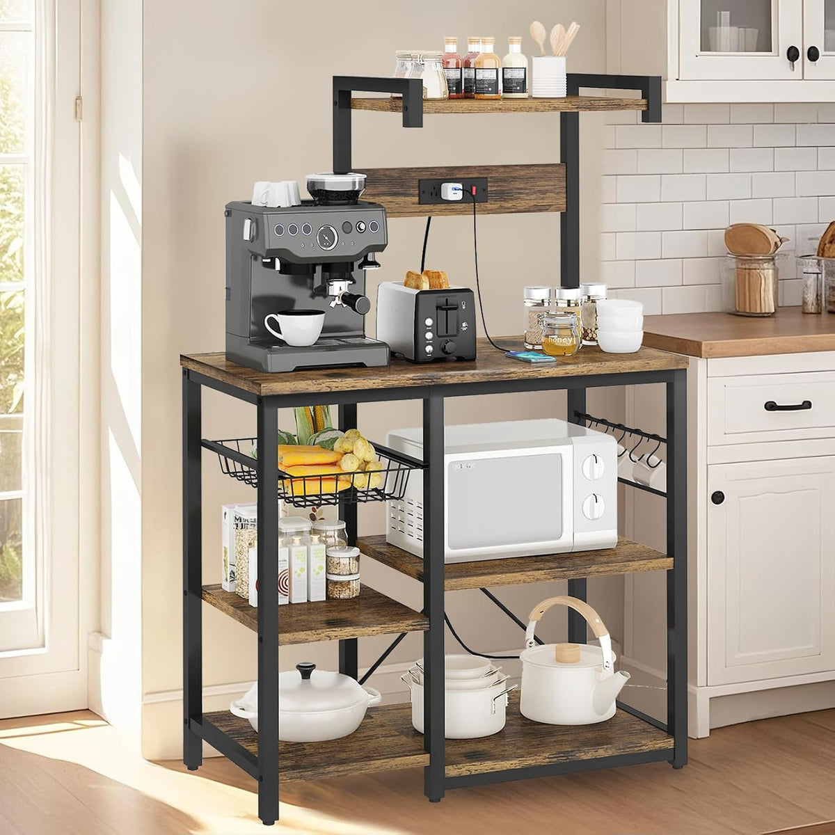 Recaceik Bakers Rack with Power Outlets and Storage, Microwave Stand with Sto...