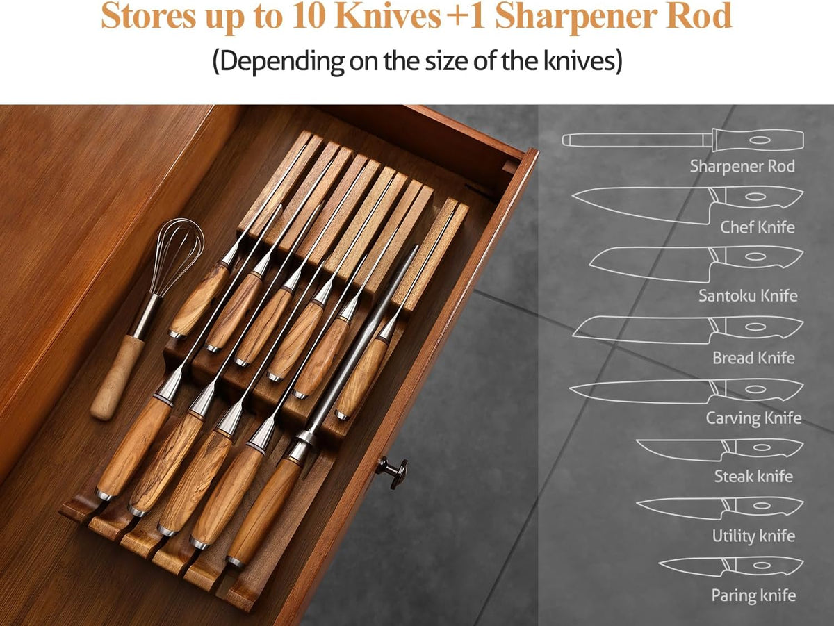 XINZUO In-drawer Knife Block, Natural Acacia Knife Drawer Oganizer, Insert-Ki...