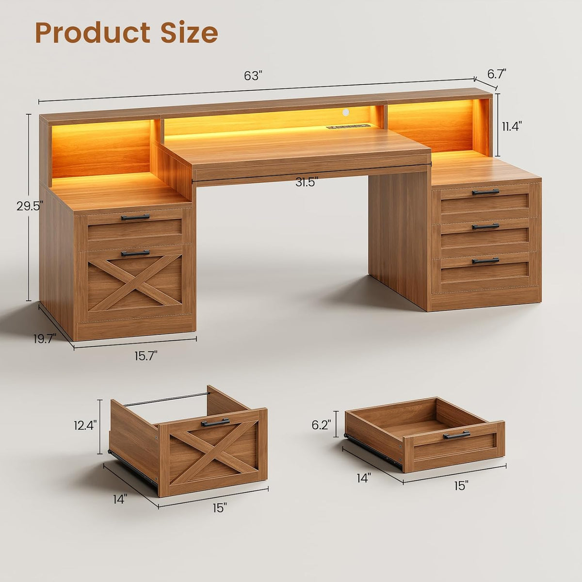 SEDETA 63" Farmhouse Computer Desk with 5 Drawers, Brown