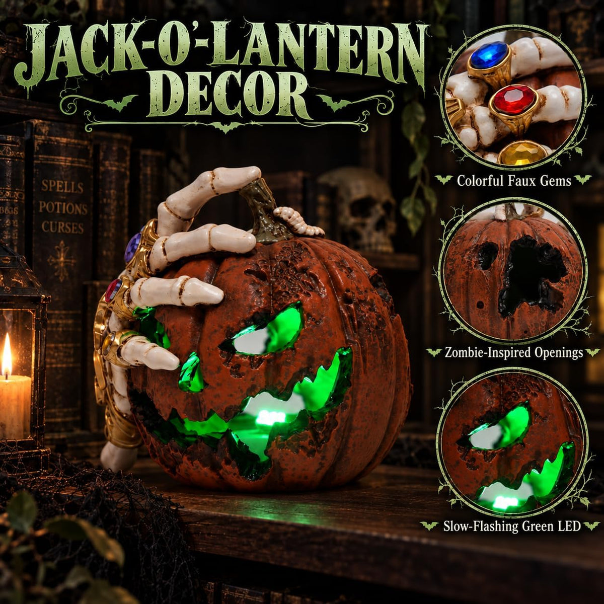 Halloween Jack O Lantern with Skeleton Hand, Green LED Pumpkin Light